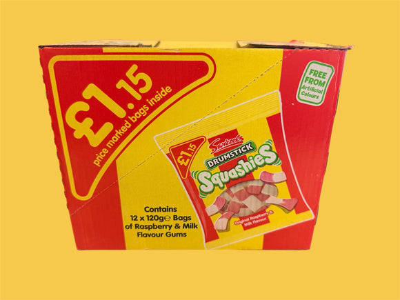 Swizzels Matlow - Squashies, Mini Drumsticks, Raspberry & Milk Flavour - 12 x 120g bag - Free from artificial colours