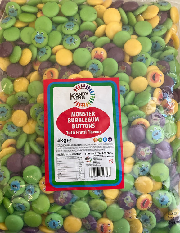 Zed Candy - Monster Bubblegum Buttons - Tutti Frutti Flavour - Vegetarian - Gluten Free - Dairy Free - Halal - Poly Bag 3kg