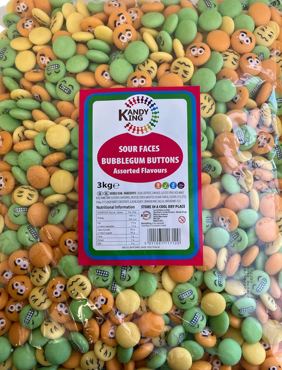 Zed Candy -  Sour Face Bubblegum Buttons - Assorted Flavour - Vegetarian - Gluten Free - Dairy Free - Halal - Poly Bag 3kg