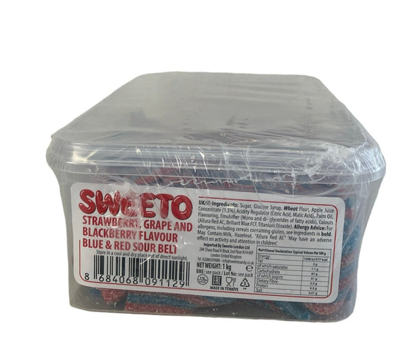 Sweeto Strawberry Grape and Blackberry Flavour Sour Belt (1 x 1kg) = 39p Per 100g