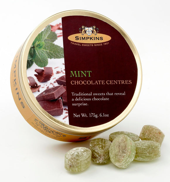 Simpkin's Travel Sweets Mint Chocolate Centred Drops Tin 6 x 175g