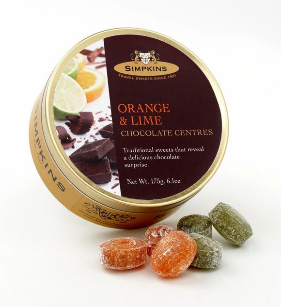 Simpkin's Travel Sweets Orange & Lime Chocolate Centred Drops Tin 6 x 175g