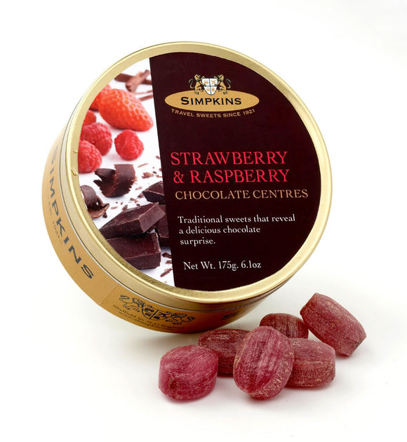 Simpkin's Travel Sweets Strawberry & Raspberry Chocolate Centred Drops Tin 6 x 175g