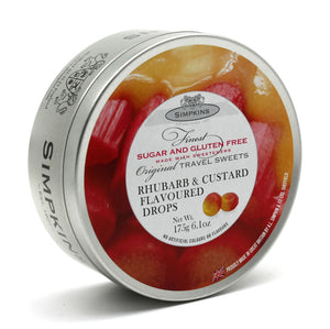 Simpkin's Travel Sweets Sugar Free Rhubarb & Custard Flavour Drops Tin 6 x 175g