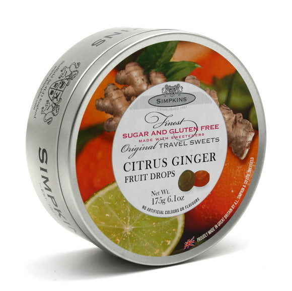Simpkin's Travel Sweets Sugar Free Citrus Ginger Flavour Drops Tin 6 x 175g