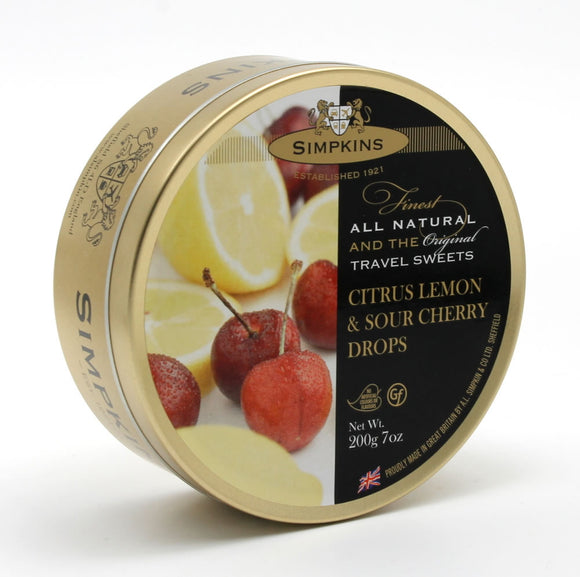 Simpkin's Travel Sweets Citrus Lemon & Sour Cherry Drops Tin 6 x 200g