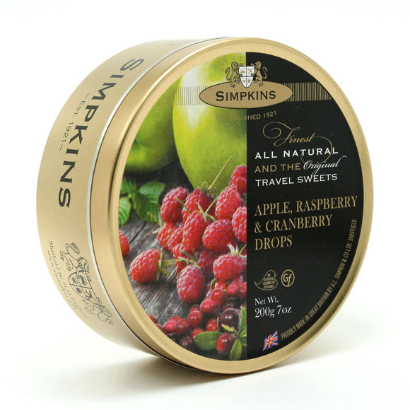 Simpkin's Travel Sweets Apple,Raspberry & Cranberry Drops Tin 6 x 200g