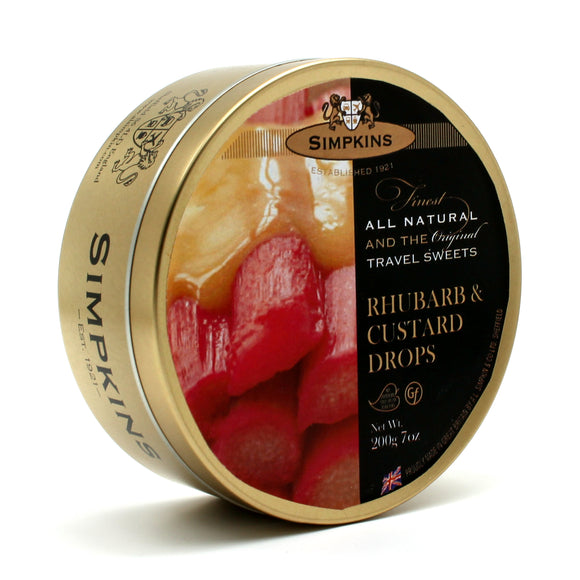 Simpkin's Travel Sweets Rhubarb & Custard Drops Tin 6 x 200g