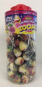 Vidal Wrapped Zoom Lollies Super Sour Filled With Bubblegum Flavour Jar 1 x 50pk