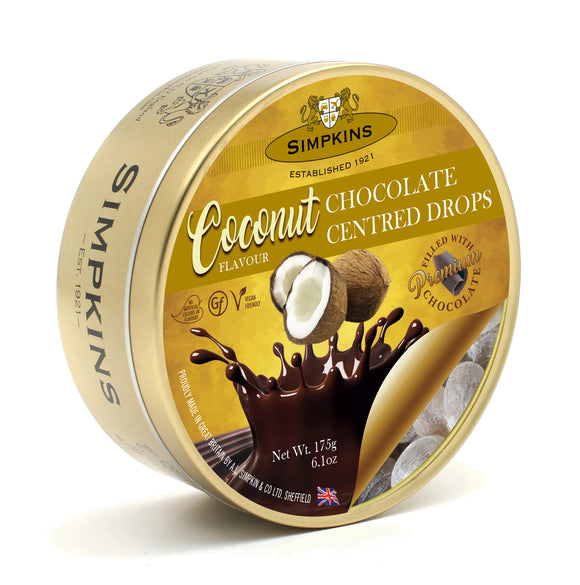 Simpkin's Travel Sweets Coconut Chocolate Centred Drops Tin 6 x 175g