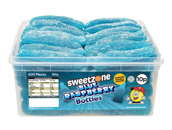 Sweetzone 10p Fizzy Blue Raspberry Bottles 805g Tub - Halal